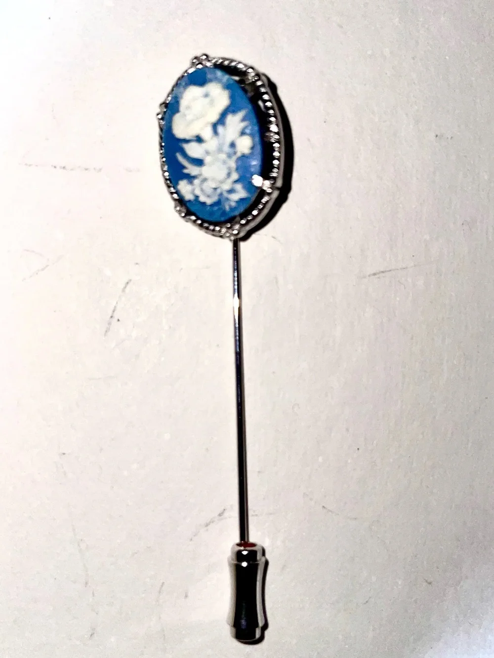Rare Vintage Floral Wedgwood Jasperware Blue Flower Cameo Silver Stickpin Brooch